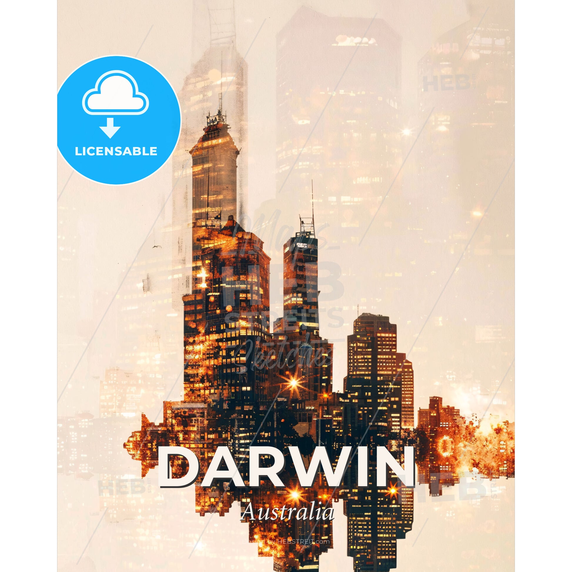 Darwin Sky Composite Skyline Poster Design - A city skyline with lights reflecting on it - Square format print template