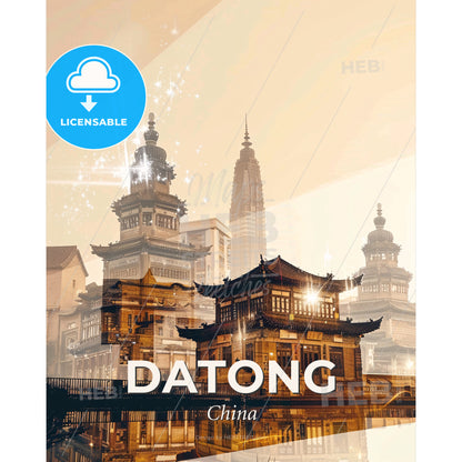 Datong Skyline Double Exposure Art Poster - A city with buildings and a bridge - Square format print template