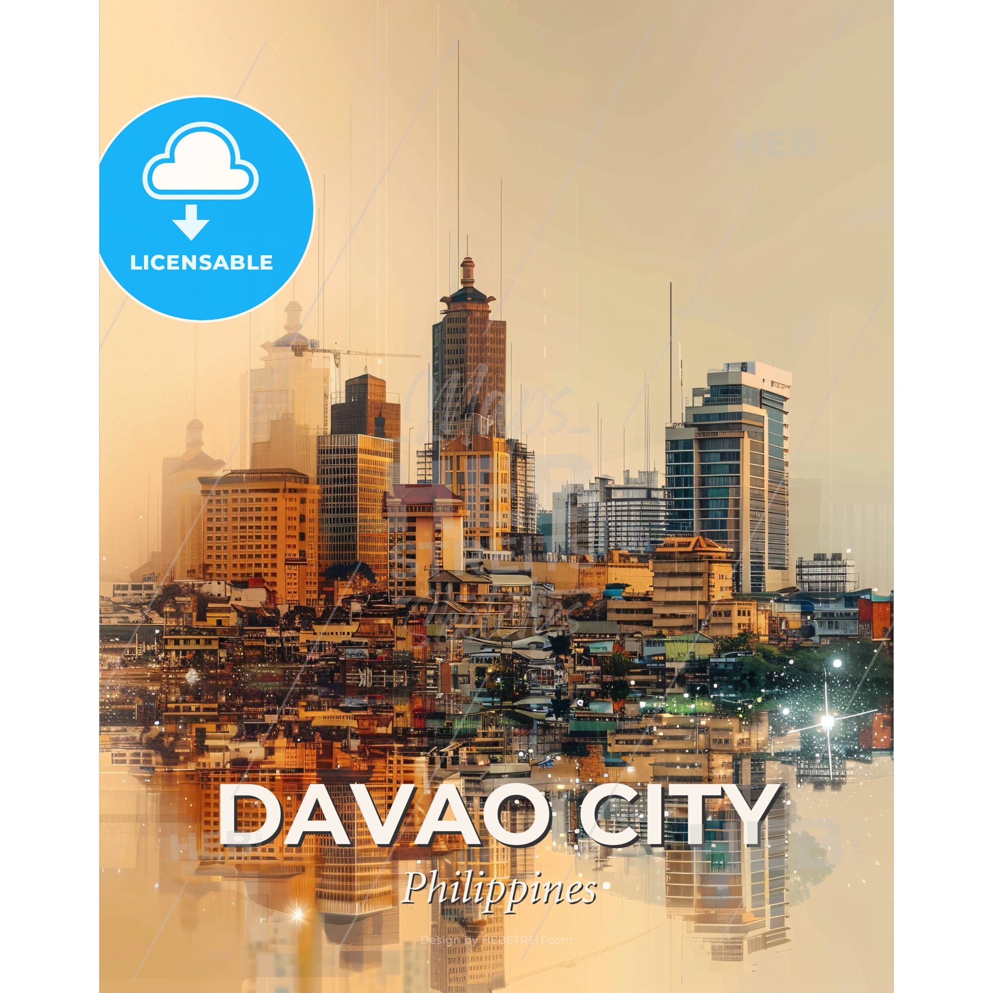 Davao City Skyline Double Exposure - A city with many tall buildings and a body of water - Square format print template