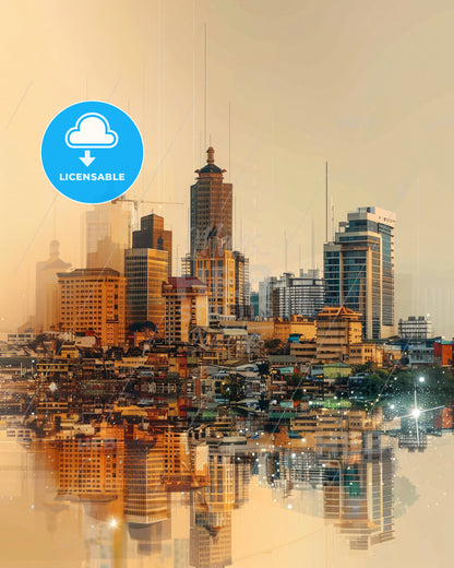 Davao City Skyline Double Exposure - A city with many tall buildings and a body of water