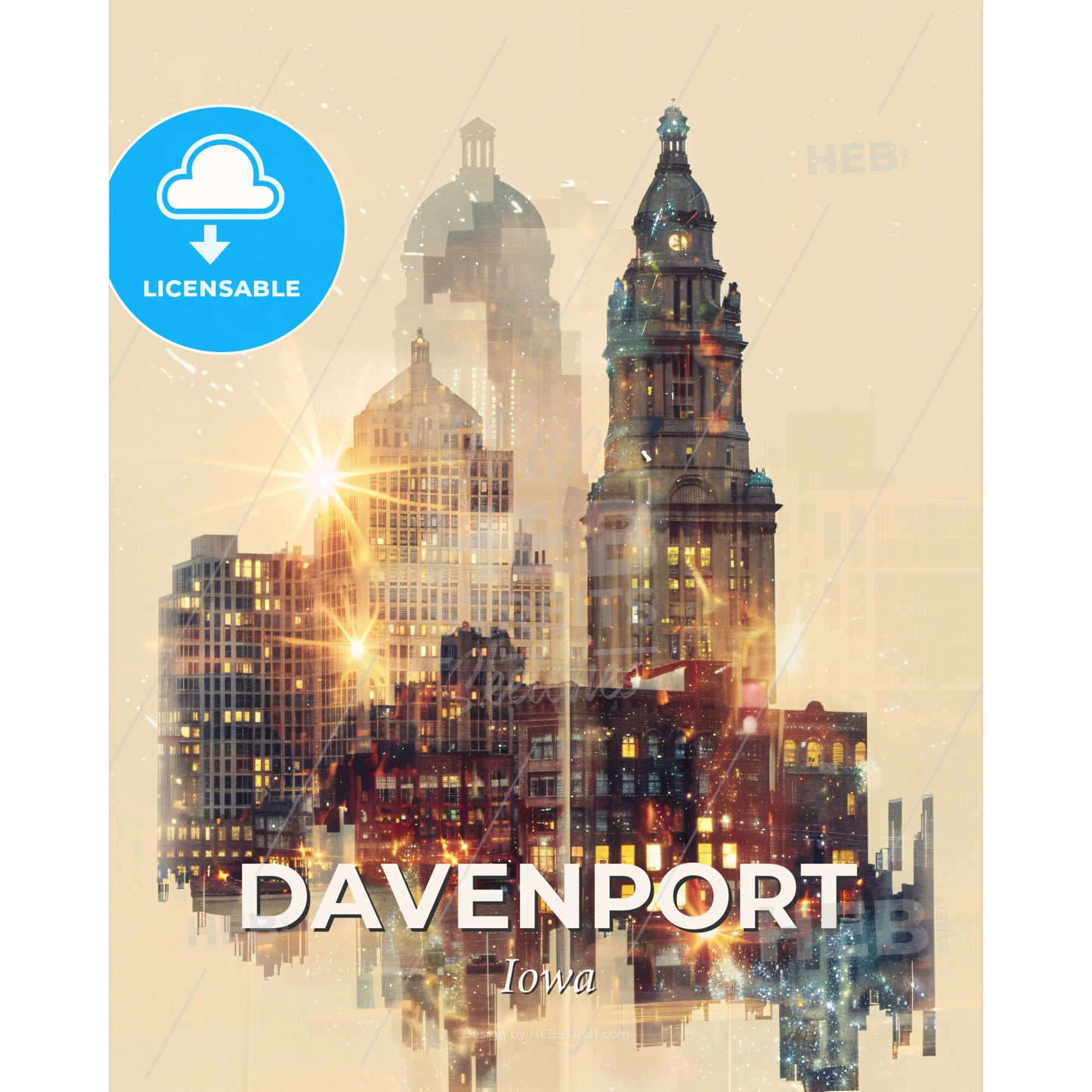 Davenport Cityscape Art: Double Exposure Skyline Panorama - A city skyline with many buildings - Square format print template