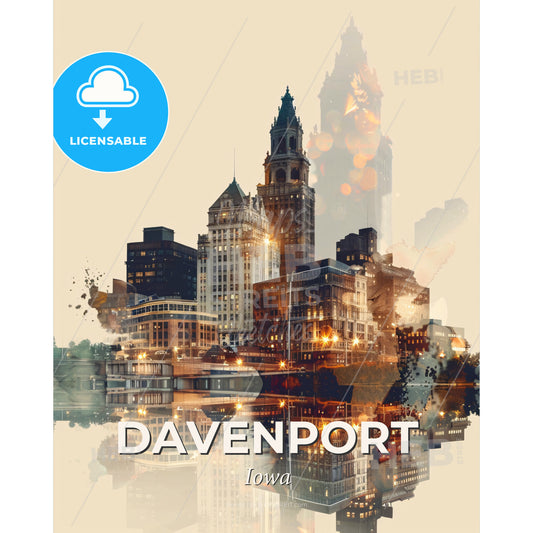 Davenport Skyline Composite Art - Vibrant & Sparkly - A city skyline with many buildings - Square format print template