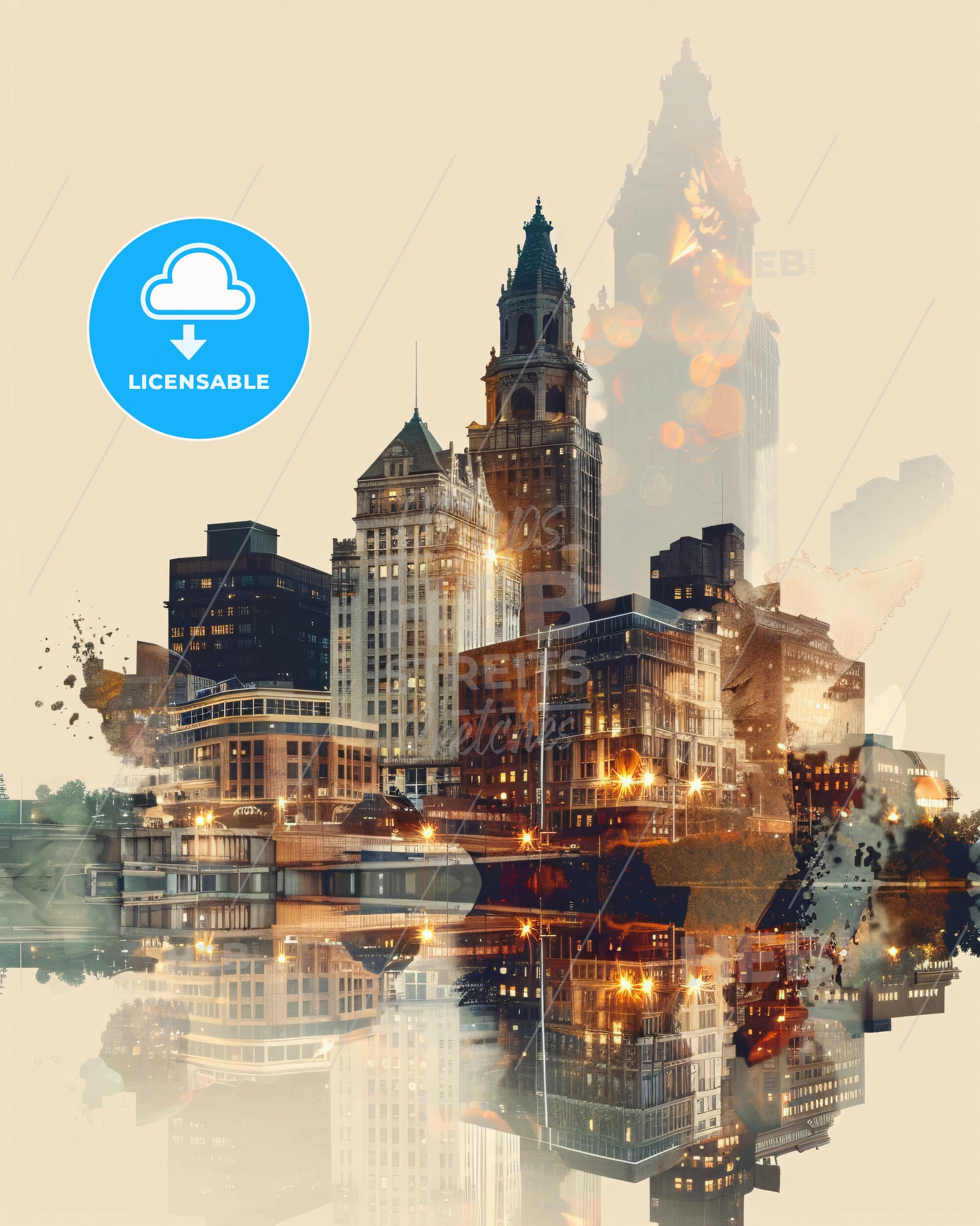 Davenport Skyline Composite Art - Vibrant & Sparkly - A city skyline with many buildings