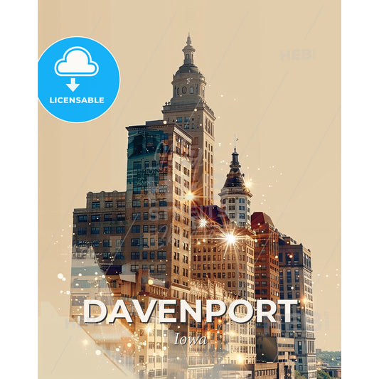 Davenport Cityscape Art Poster: Double Exposure Skyline Masterpiece - A city skyline with many tall buildings - Square format print template
