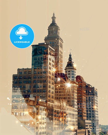 Davenport Cityscape Art Poster: Double Exposure Skyline Masterpiece - A city skyline with many tall buildings