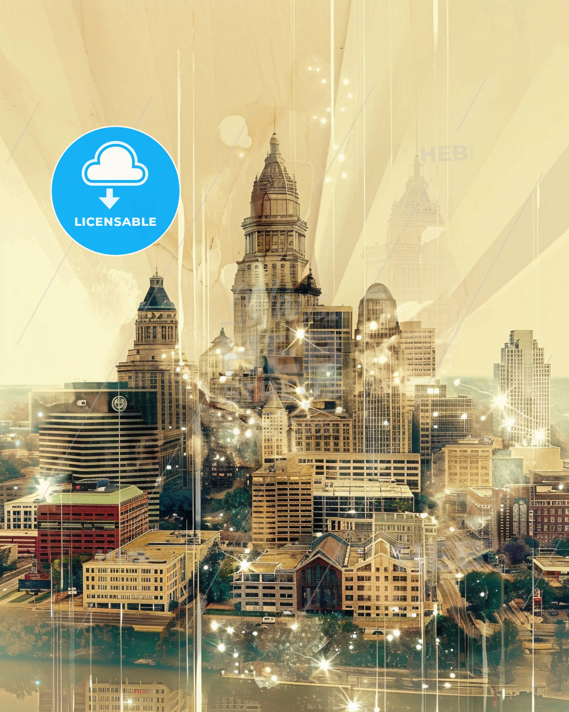 Dayton Skyline: Beige Beauty with Sparkles - A city with many tall buildings