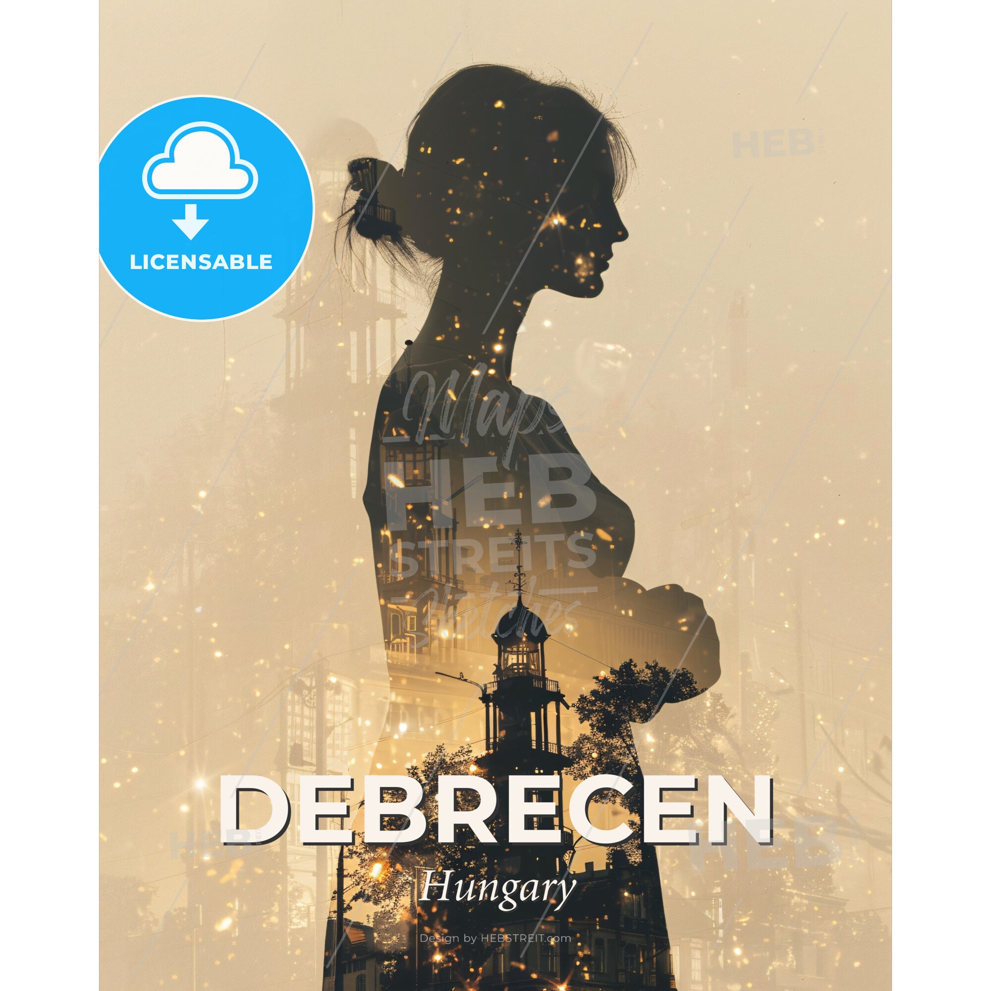 Debrecen City Skyline Silhouette Poster Print - A silhouette of a woman with a cityscape - Square format print template
