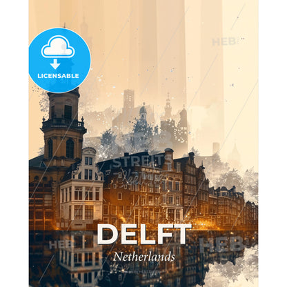 Delft double exposure skyline poster art - A city with a tower and buildings - Square format print template