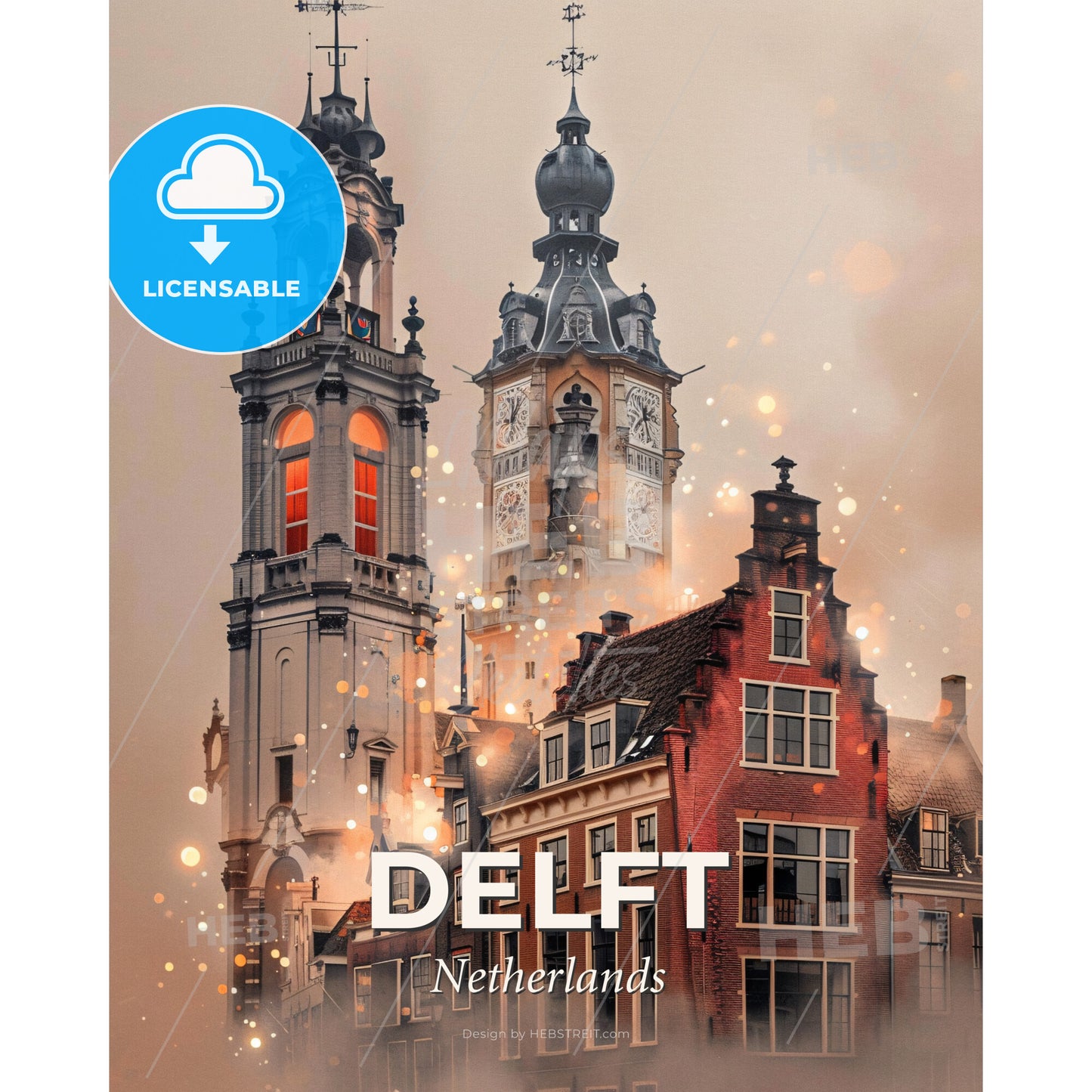 Delft Double Exposure Skyline Art with Local Flair - A group of buildings with a bell tower - Square format print template