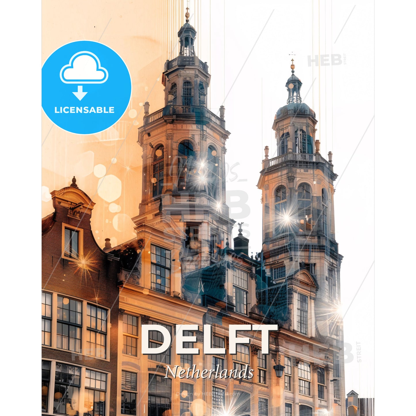 Delft Skyline Double Exposure Art Poster - A building with towers and windows - Square format print template