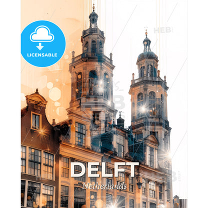 Delft Skyline Double Exposure Art Poster - A building with towers and windows - Square format print template