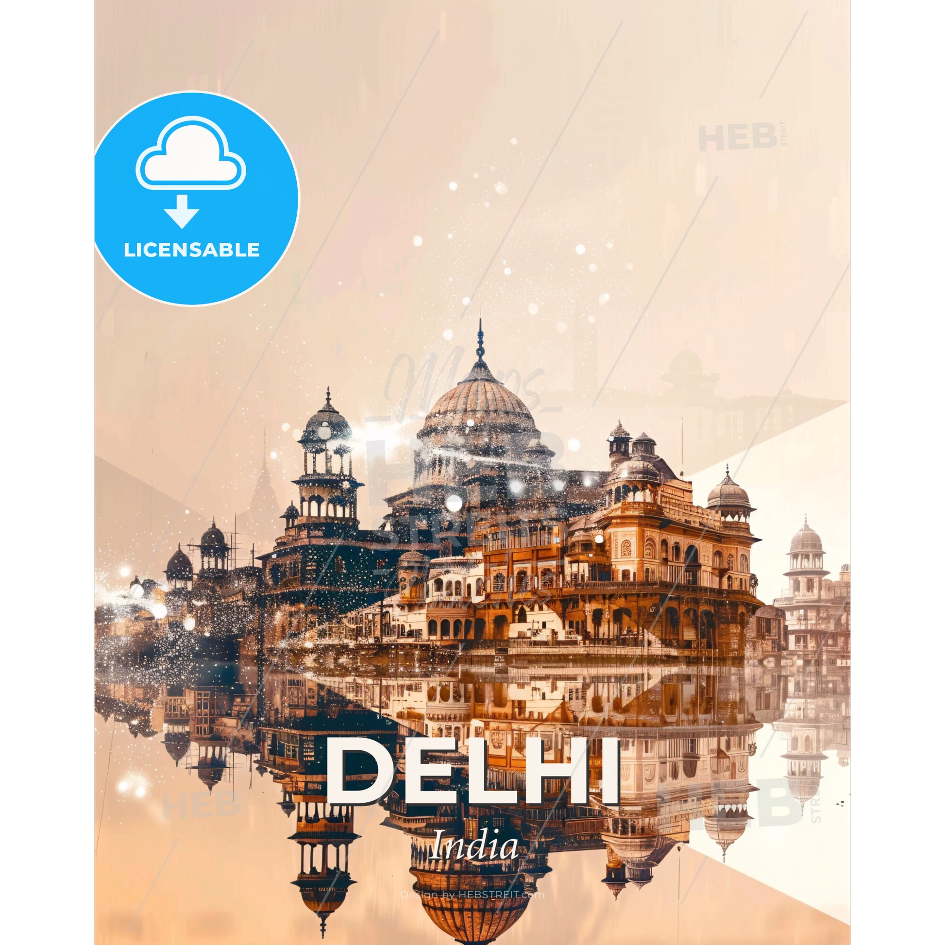 Delhi: Iconic Skyline Composite Art Poster - A building with a dome and a dome on the water - Square format print template