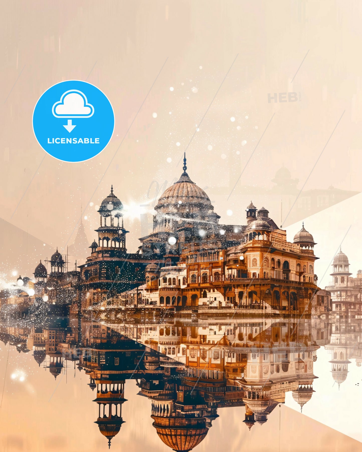 Delhi: Iconic Skyline Composite Art Poster - A building with a dome and a dome on the water