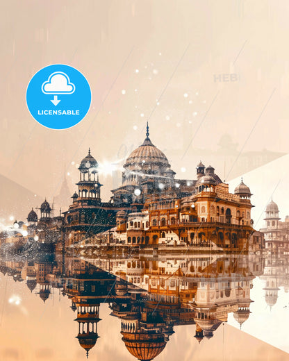 Delhi: Iconic Skyline Composite Art Poster - A building with a dome and a dome on the water