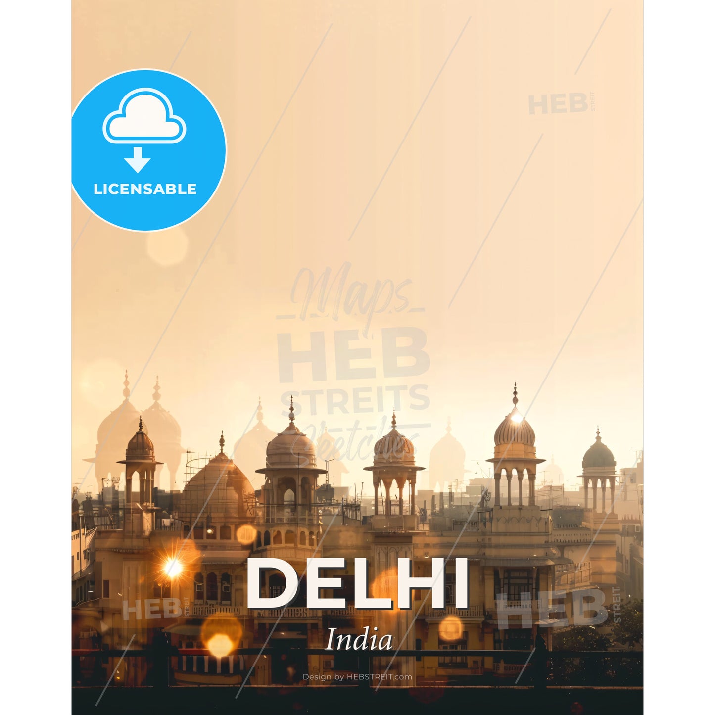 Delhi Skyline Double Exposure Composite Poster Art - A building with domes and a sun shining through - Square format print template