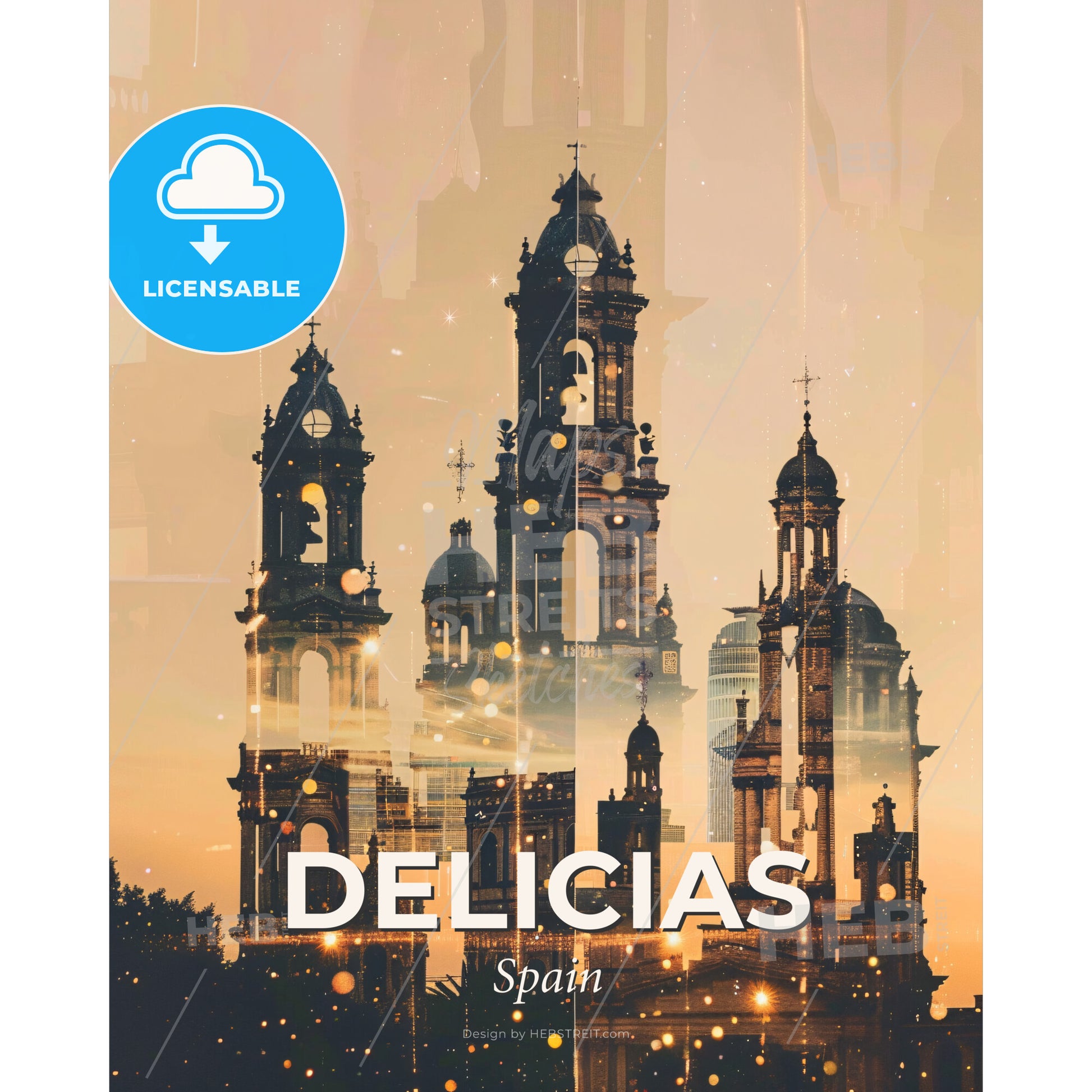 Delicias Skyline Cityscape Double Exposure Art - A large building with towers and a city skyline - Square format print template