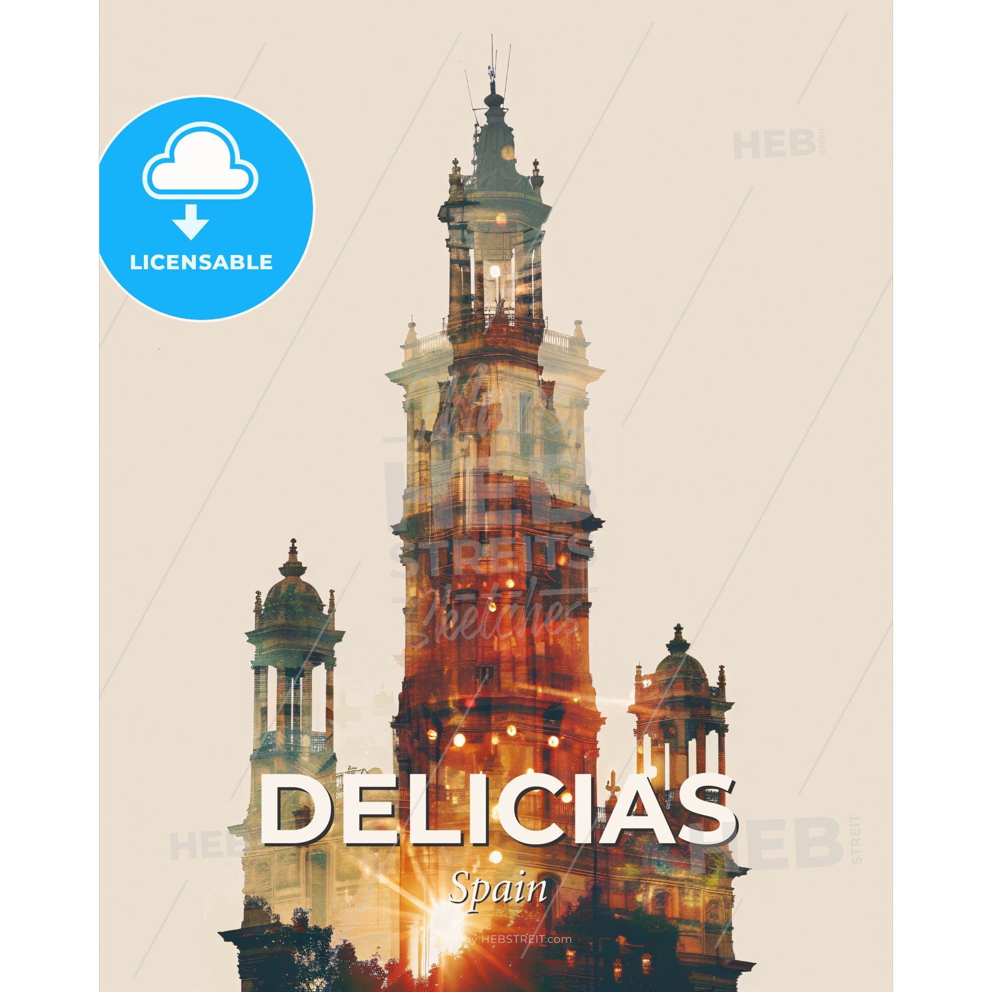 Delicias Skyline Cityscape Art Deco Poster - A double exposure of a building - Square format print template