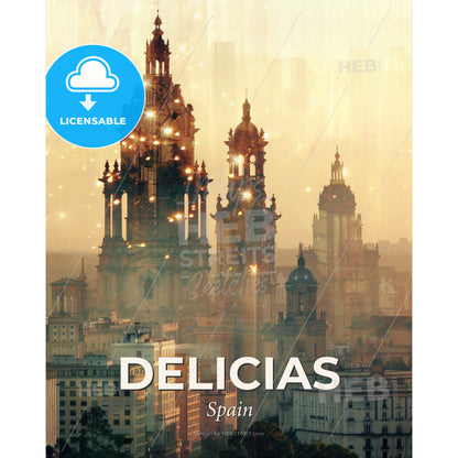 Delicias City Skyline Dreamy Double Exposure Poster - A large building with towers and towers in a city - Square format print template
