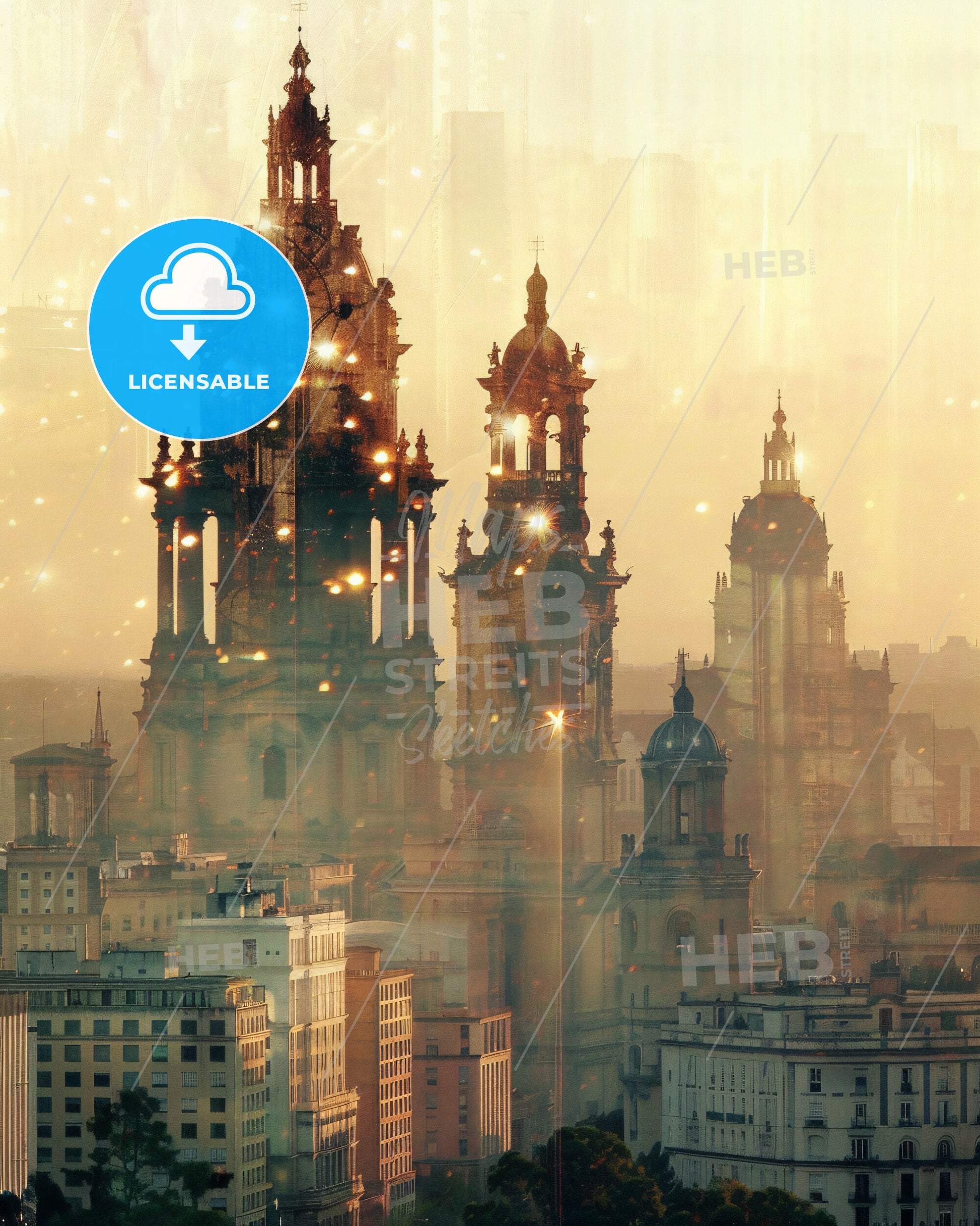 Delicias City Skyline Dreamy Double Exposure Poster - A large building with towers and towers in a city