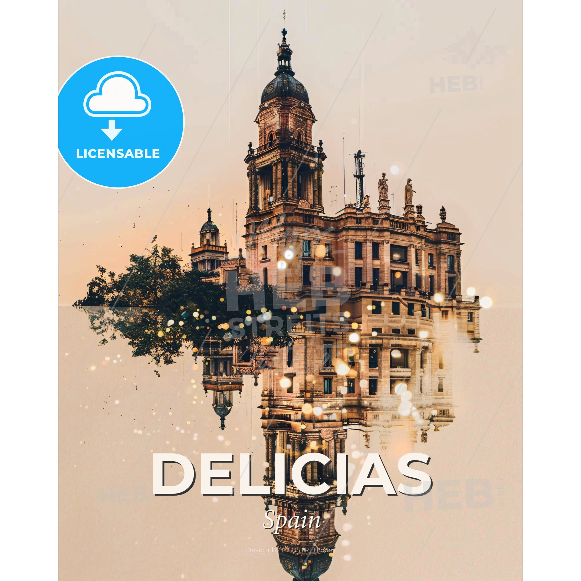 Delicias Skyline: Local Icons, Bright Beige Paper - A building with a tower and a tree in the middle - Square format print template
