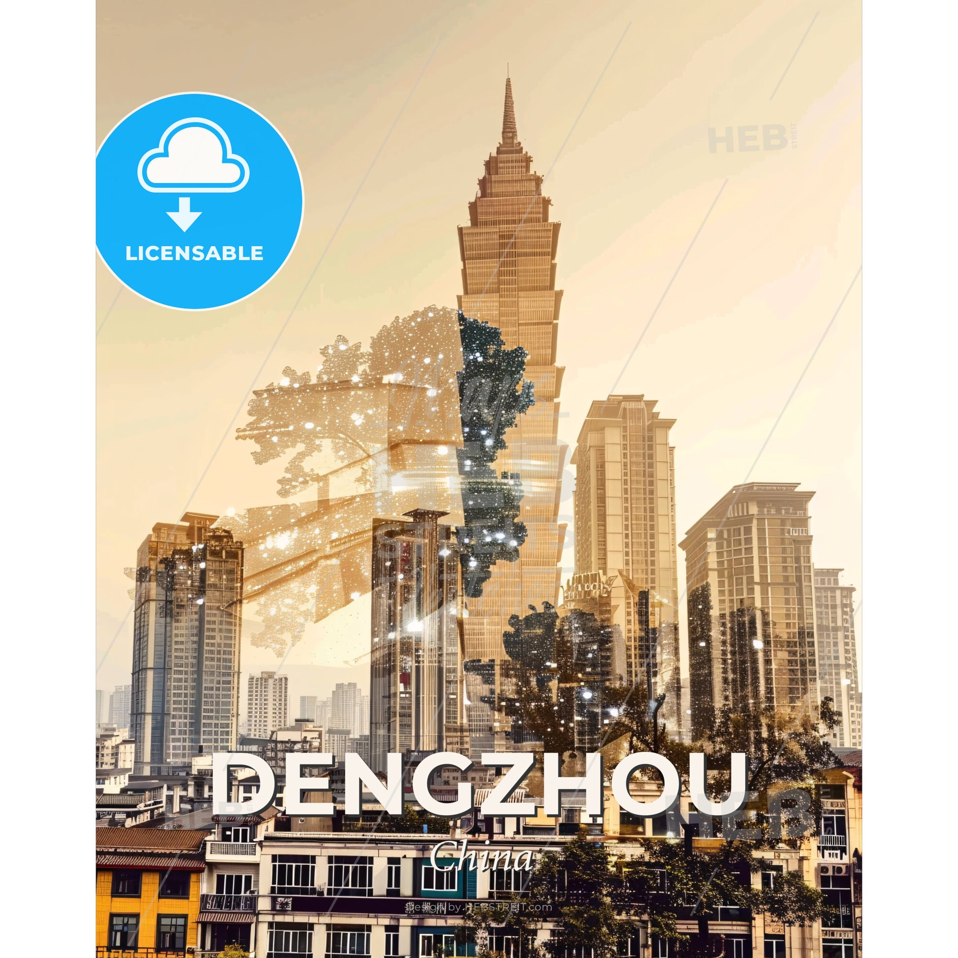 Dengzhou Skyline Double Exposure Pastel Poster - A city with a skyscraper - Square format print template