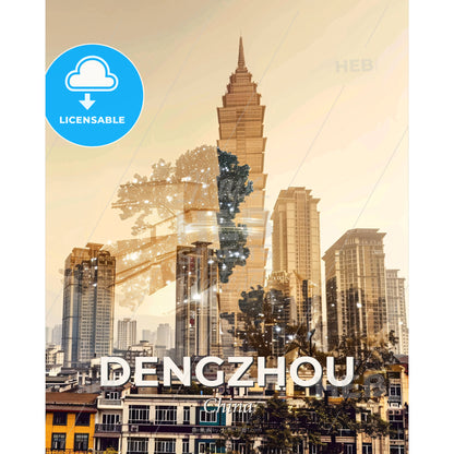 Dengzhou Skyline Double Exposure Pastel Poster - A city with a skyscraper - Square format print template
