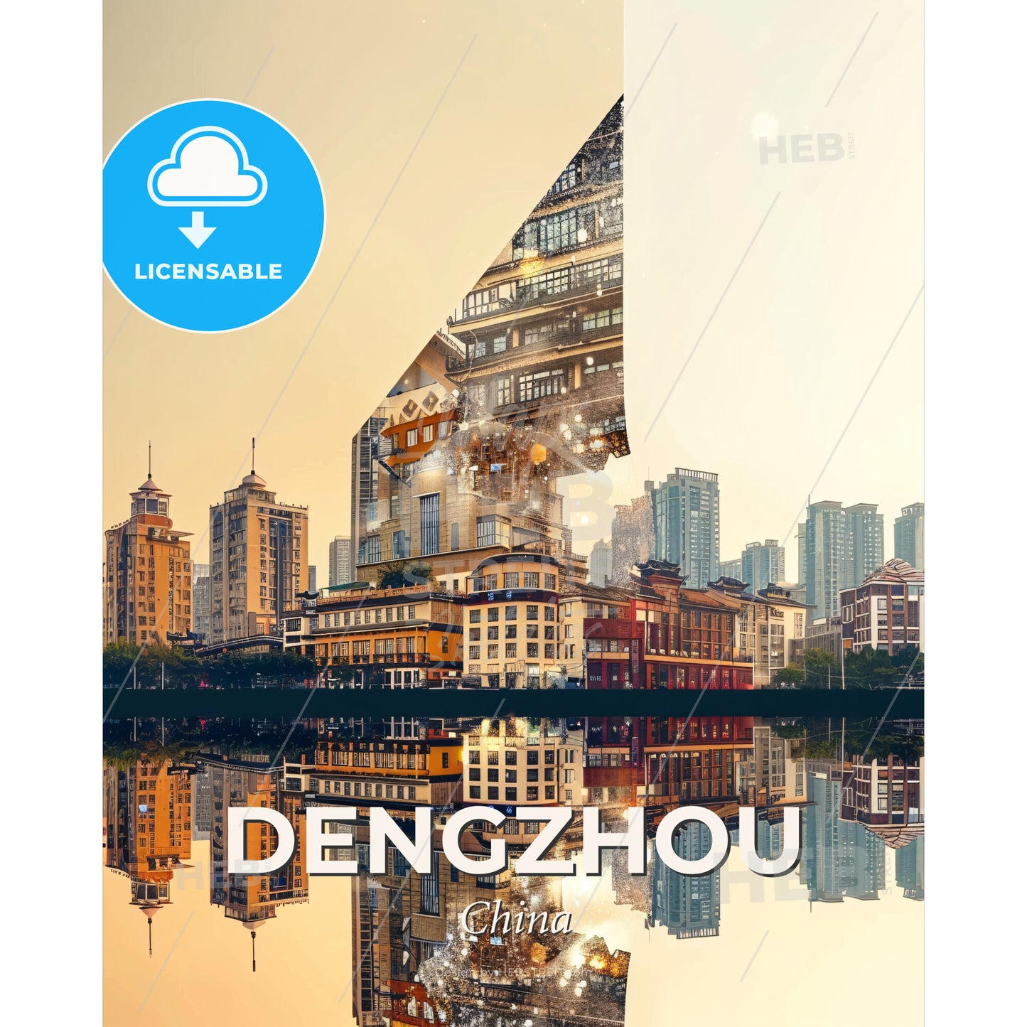 Dengzhou, China: Double Exposure City Dreamscape - A city with a large triangular building - Square format print template