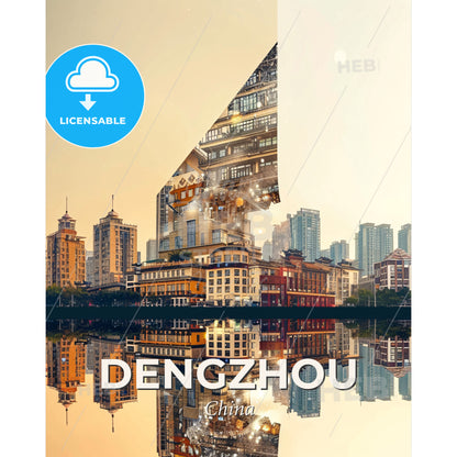 Dengzhou, China: Double Exposure City Dreamscape - A city with a large triangular building - Square format print template