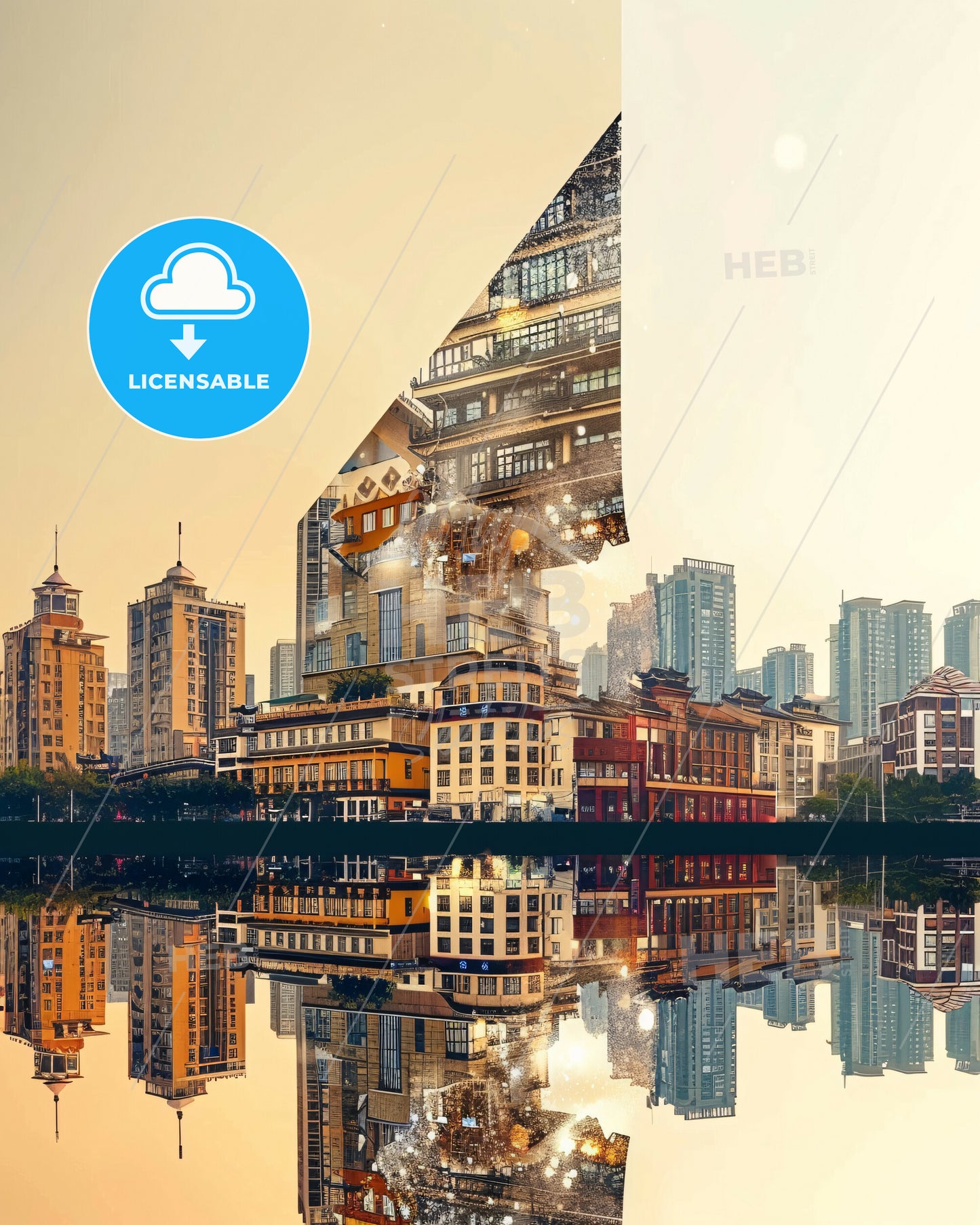Dengzhou, China: Double Exposure City Dreamscape - A city with a large triangular building