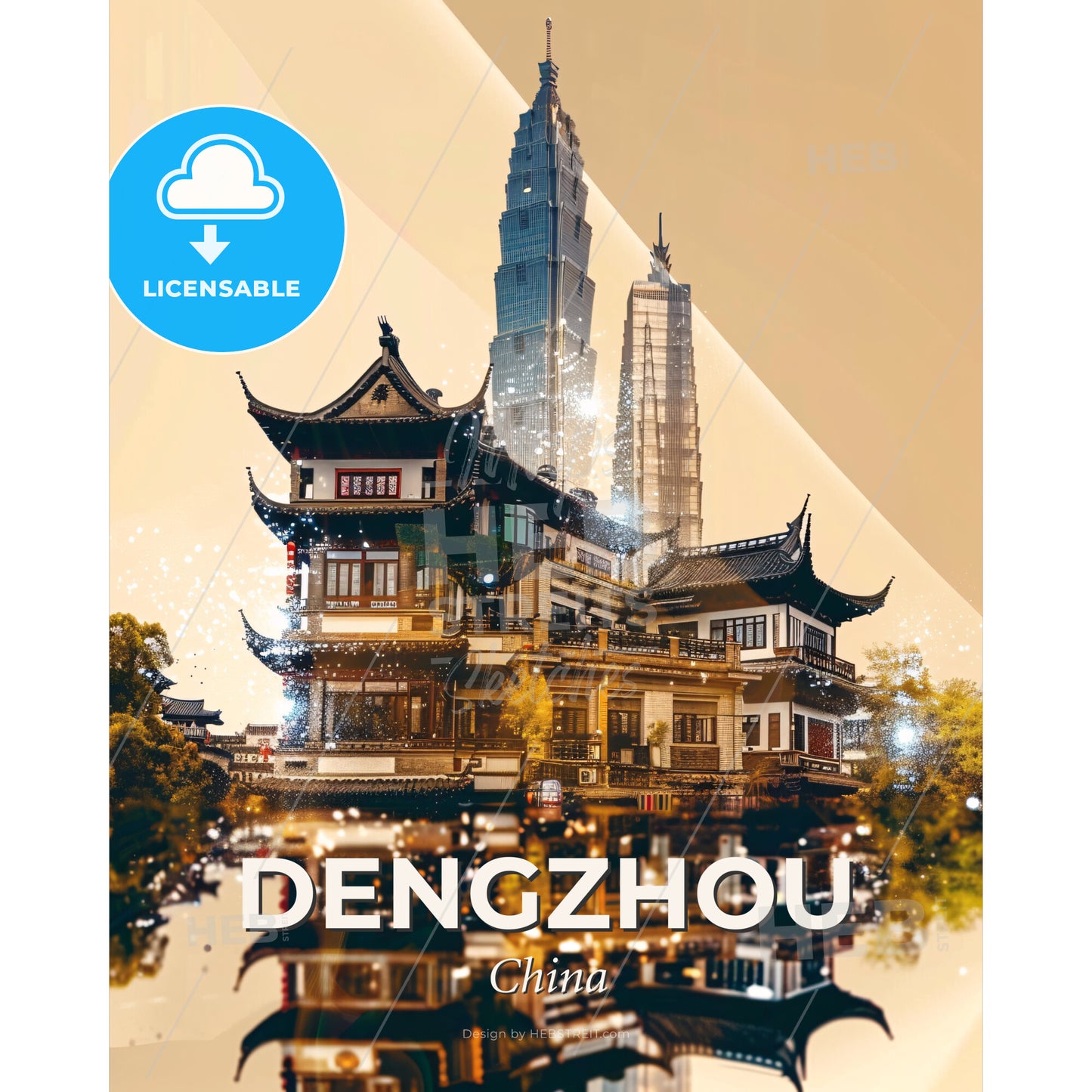 Dengzhou: Radiant Skyline Composite Art - A building with a tall building in the background - Square format print template
