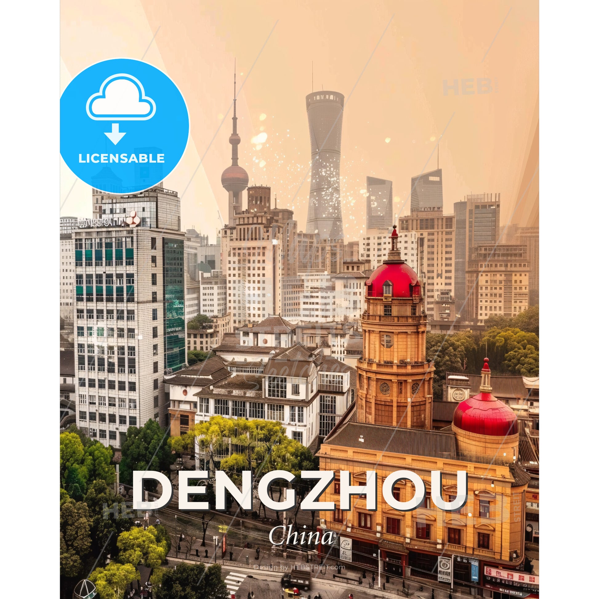 Dengzhou Skyline Icons Composite Art Print - A city with many buildings - Square format print template