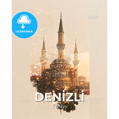 Denizli City Skyline Local Architecture Art Poster - A building with towers and a reflection of a city - Square format print template