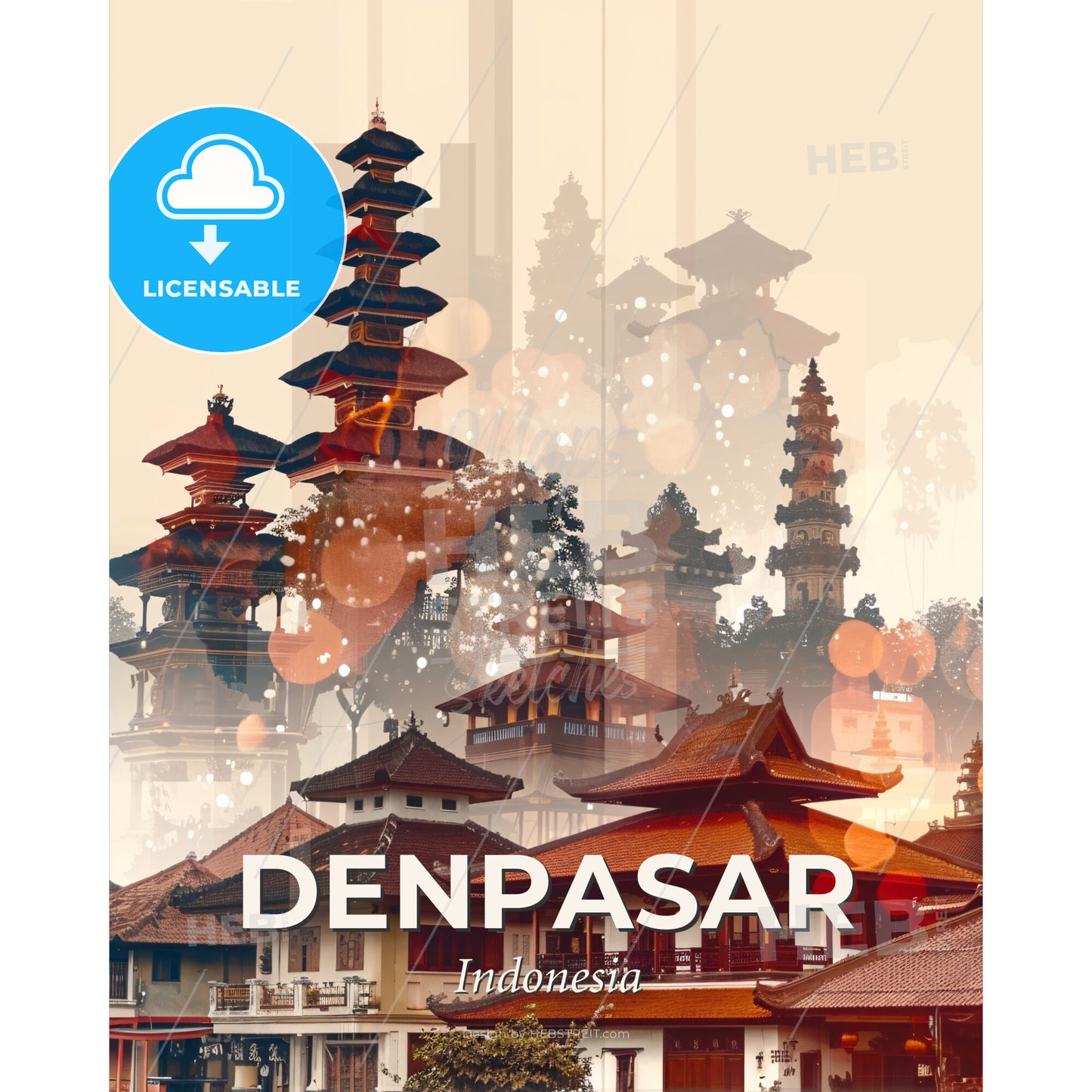 Denpasar City Skyline Composite Art Poster - A group of buildings with a tower - Square format print template