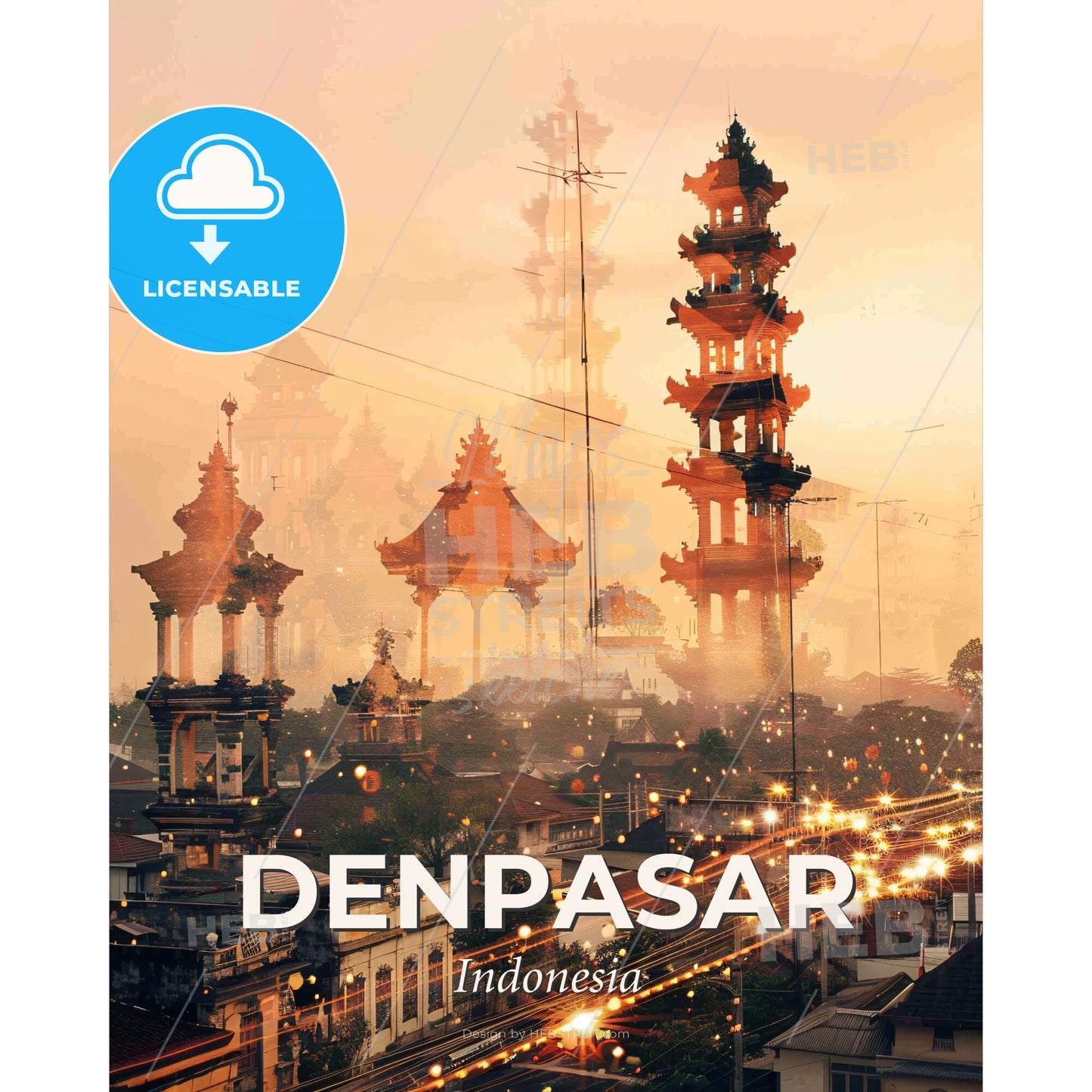 Denpasar Skyline Composite Art Poster - A city with towers and lights - Square format print template