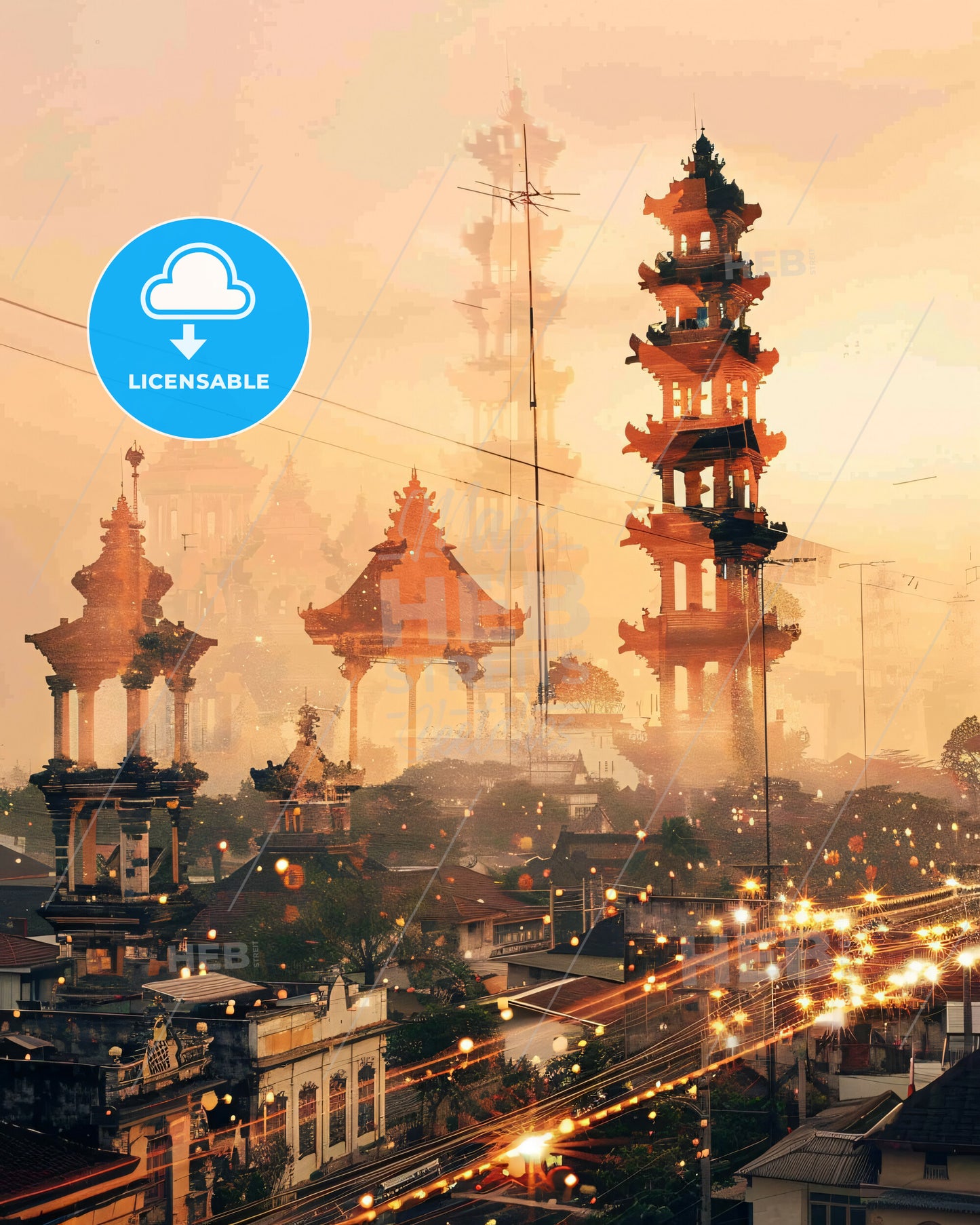 Denpasar Skyline Composite Art Poster - A city with towers and lights