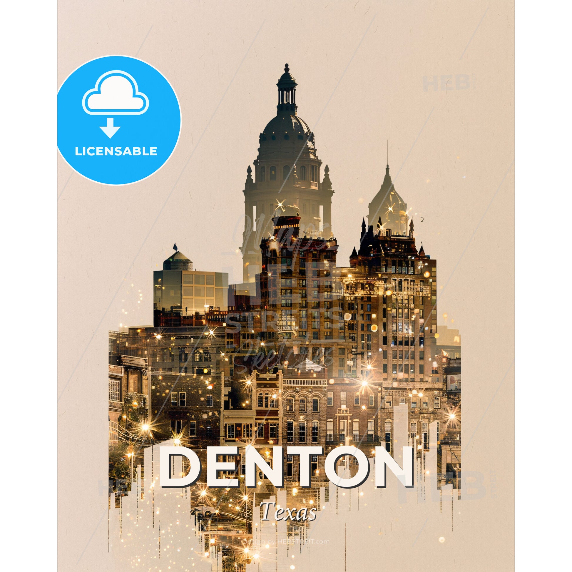 Denton City Skyline Composite Art Poster - A city skyline with lights - Square format print template