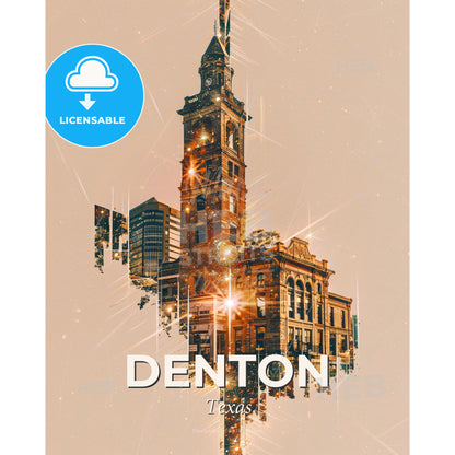 Denton Texas City Skyline Double Exposure Art Poster - A building with a tower and a city skyline - Square format print template
