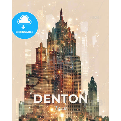 Denton Skyline Double Exposure Poster Art - A city skyline with many tall buildings - Square format print template