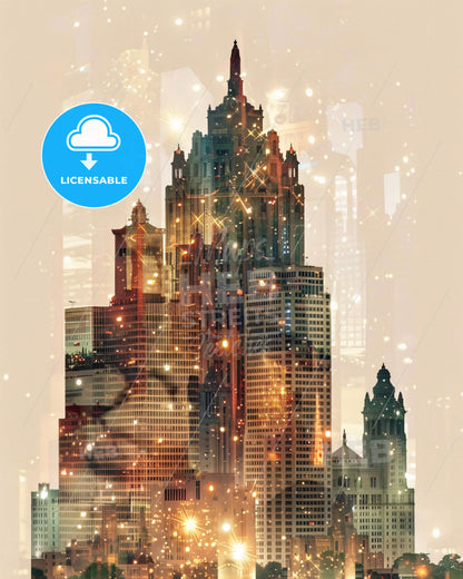 Denton Skyline Double Exposure Poster Art - A city skyline with many tall buildings