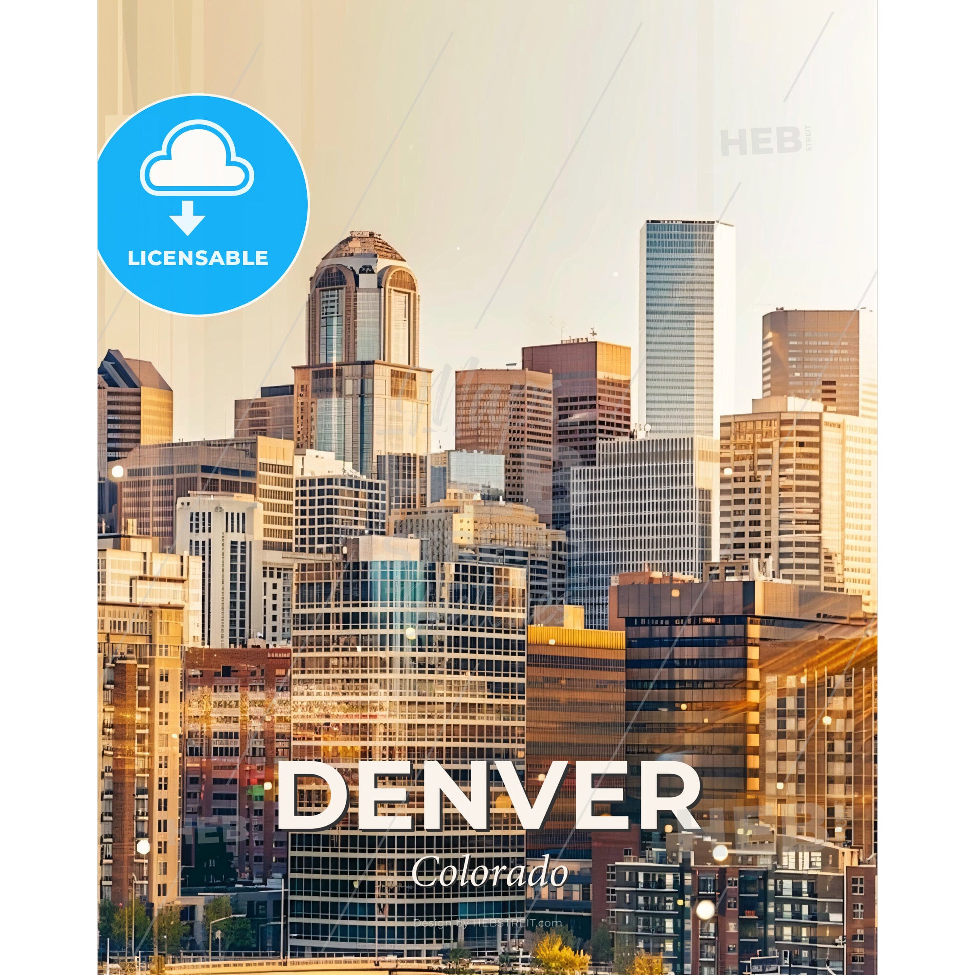 Denver Architectural Beauty Captured in Art - A city skyline with many tall buildings - Square format print template
