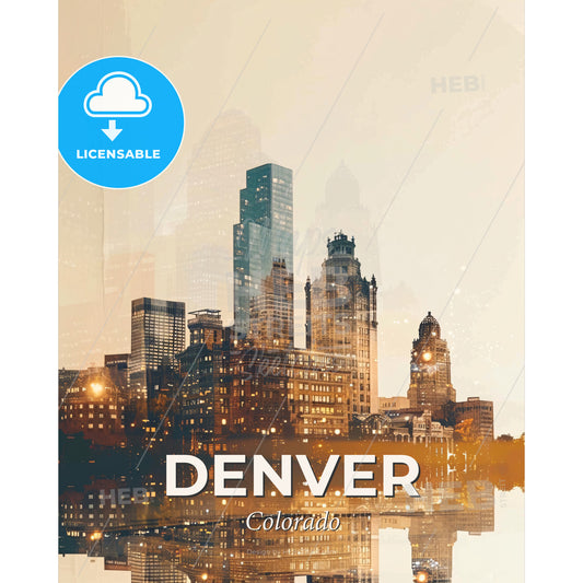 Denver Skyline Double Exposure Art Poster - A city skyline with many tall buildings - Square format print template