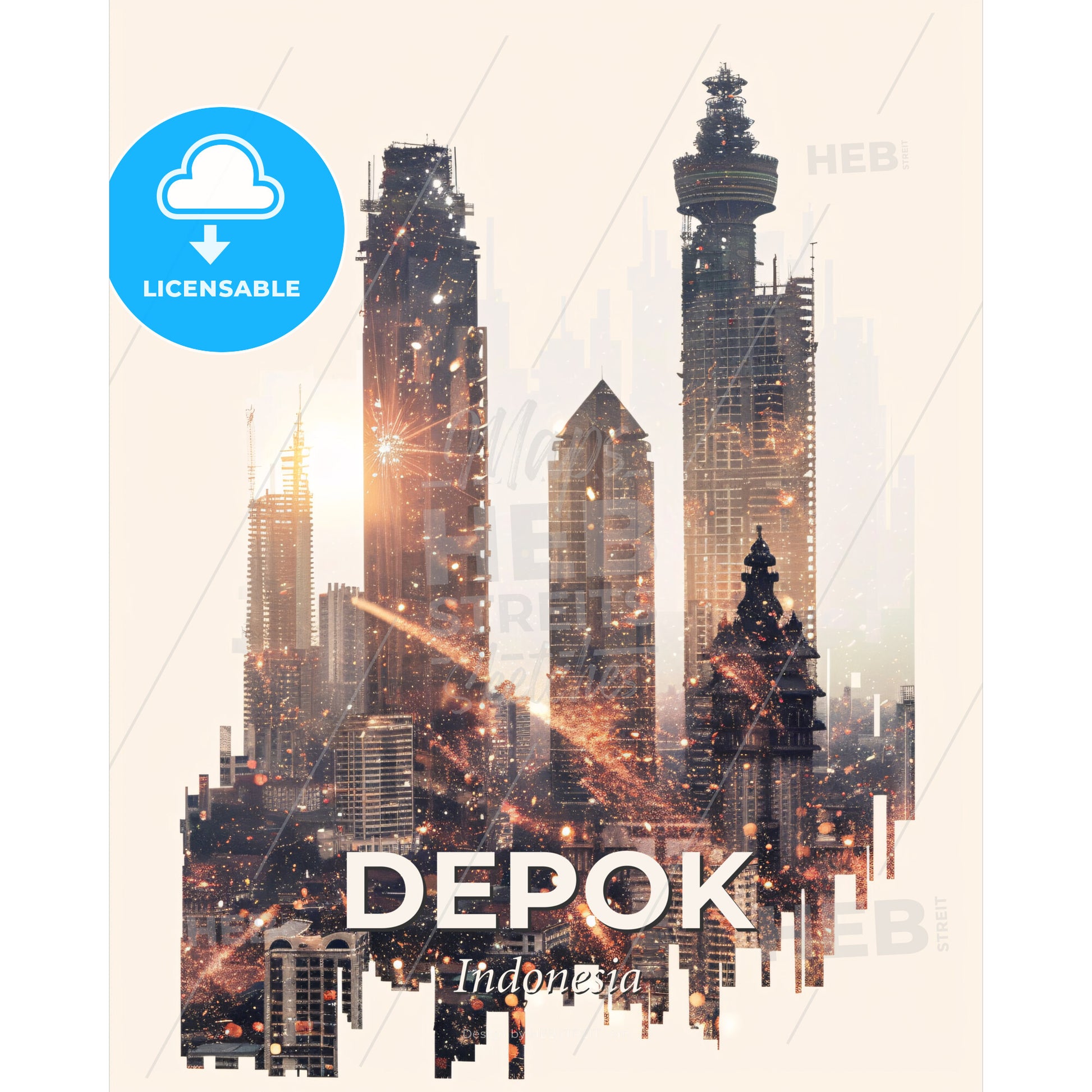Depok Skyline Double Exposure City Artwork - A city skyline with many tall buildings - Square format print template