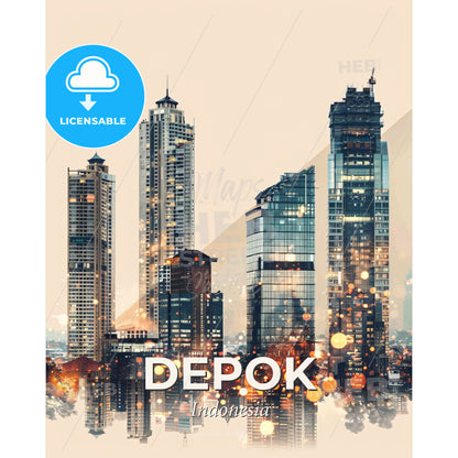 Depok Double Exposure Composite Poster - A city skyline with many tall buildings - Square format print template