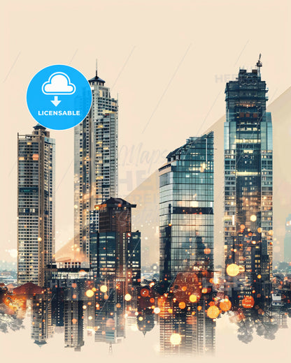 Depok Double Exposure Composite Poster - A city skyline with many tall buildings