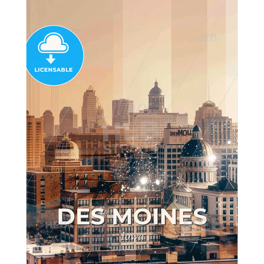 Des Moines Cityscape Art Composite on Beige - A city skyline with many buildings - Square format print template
