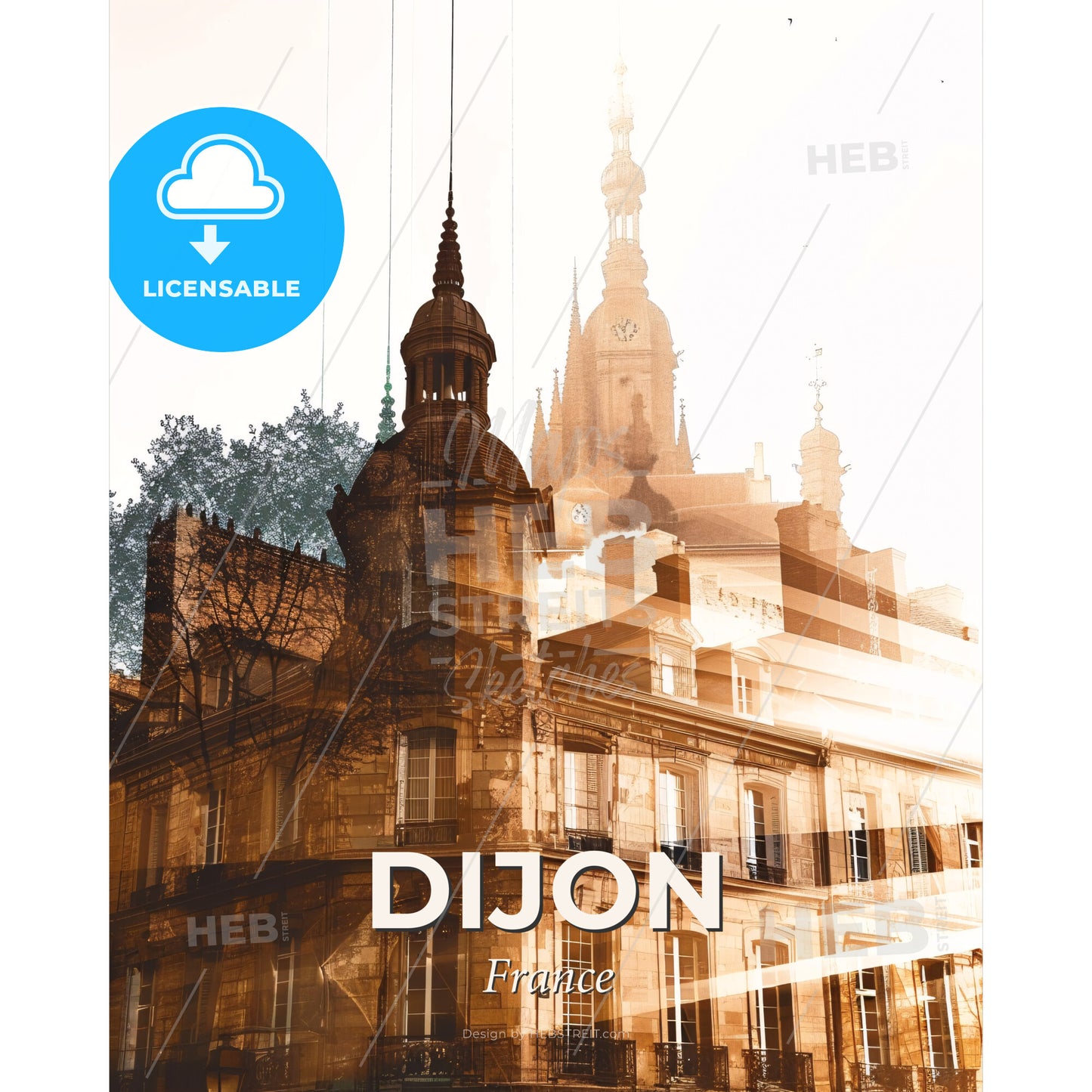 Dijon Skyline Double Exposure Composite Art Poster - A building with a clock tower - Square format print template