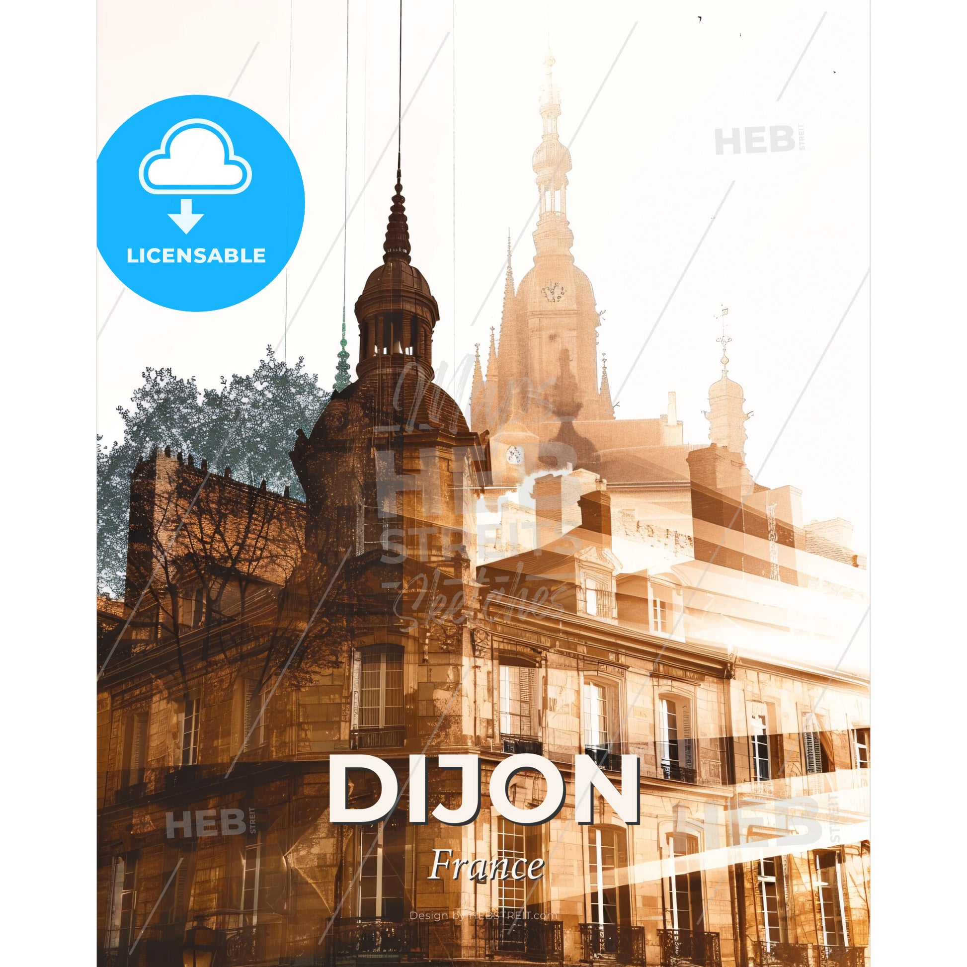 Dijon Skyline Double Exposure Composite Art Poster - A building with a clock tower - Square format print template