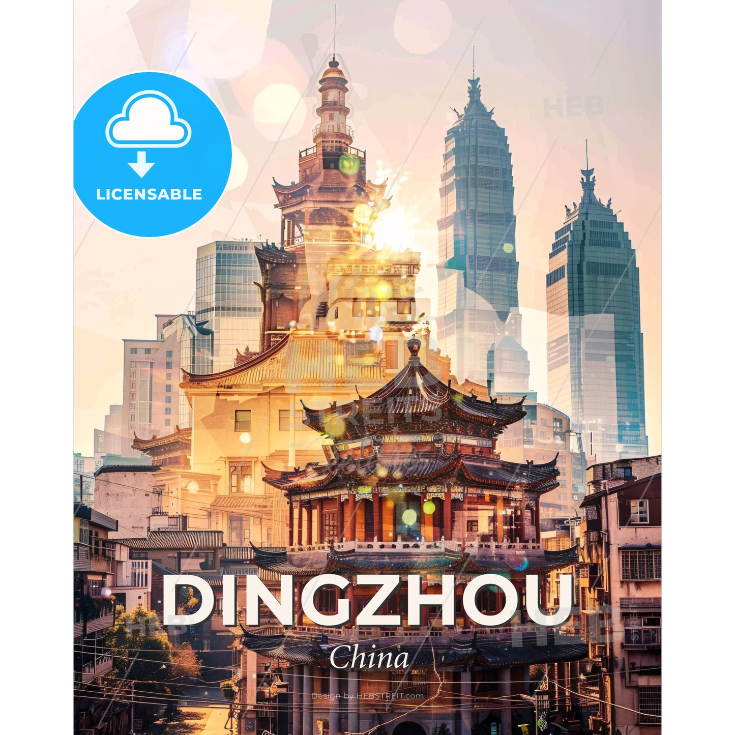 Dingzhou Cityscape Art: Beige Elegance and Shimmering Lights - A large asian building with a tall tower in the background - Square format print template