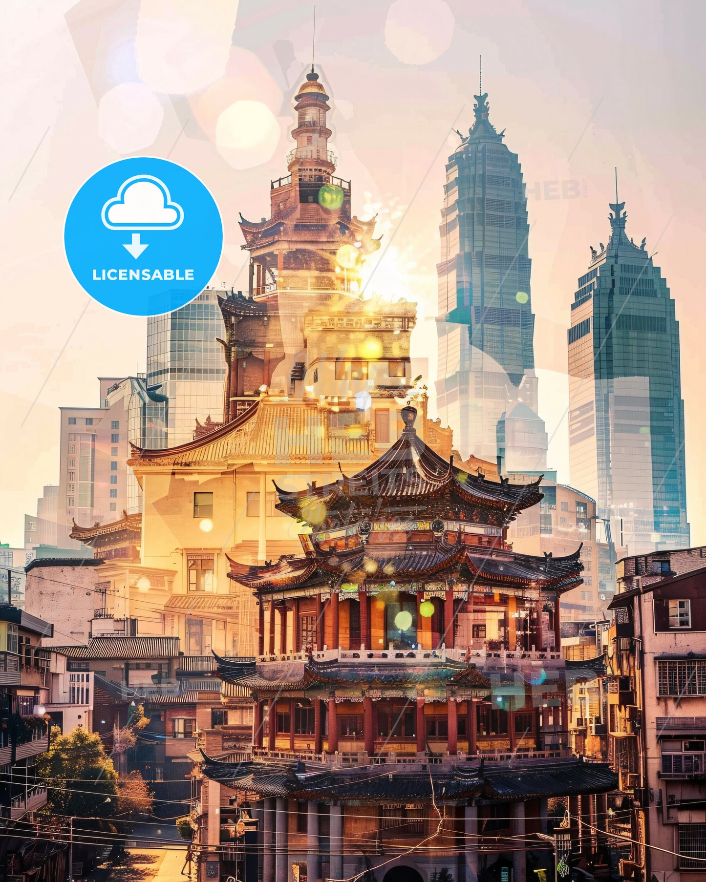 Dingzhou Cityscape Art: Beige Elegance and Shimmering Lights - A large asian building with a tall tower in the background