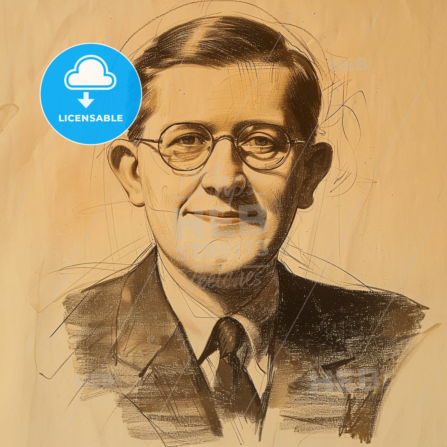 Dmitri Shostakovich, 1906 - 1975, Russian composer - A Drawing Of A Man Wearing Glasses